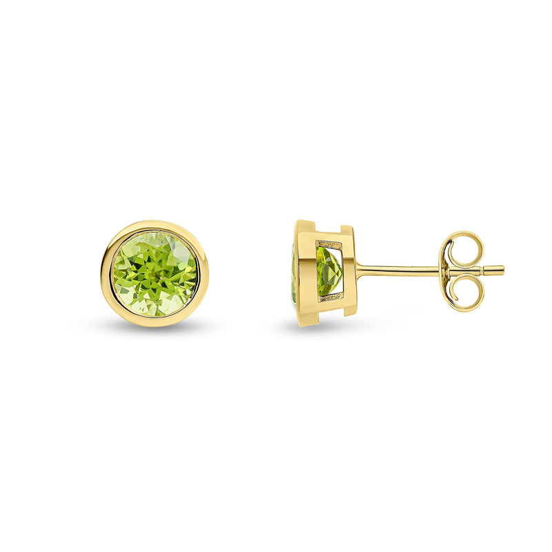 9ct Yellow Gold Round Natural Peridot Rubover Stud Earrings — 6mm