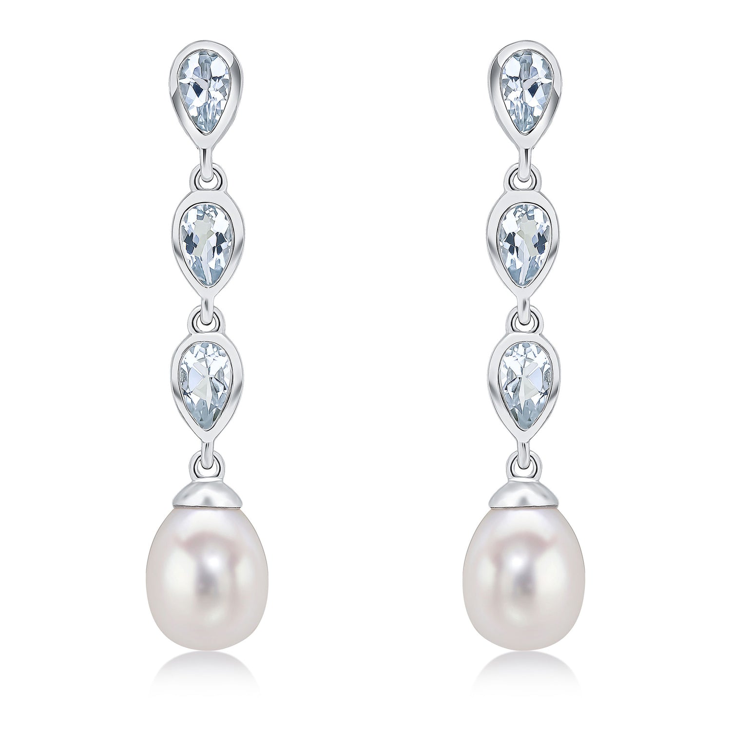 9ct White Gold Natural Pearl and Aquamarine Triple Drop Earrings — 3x5mm