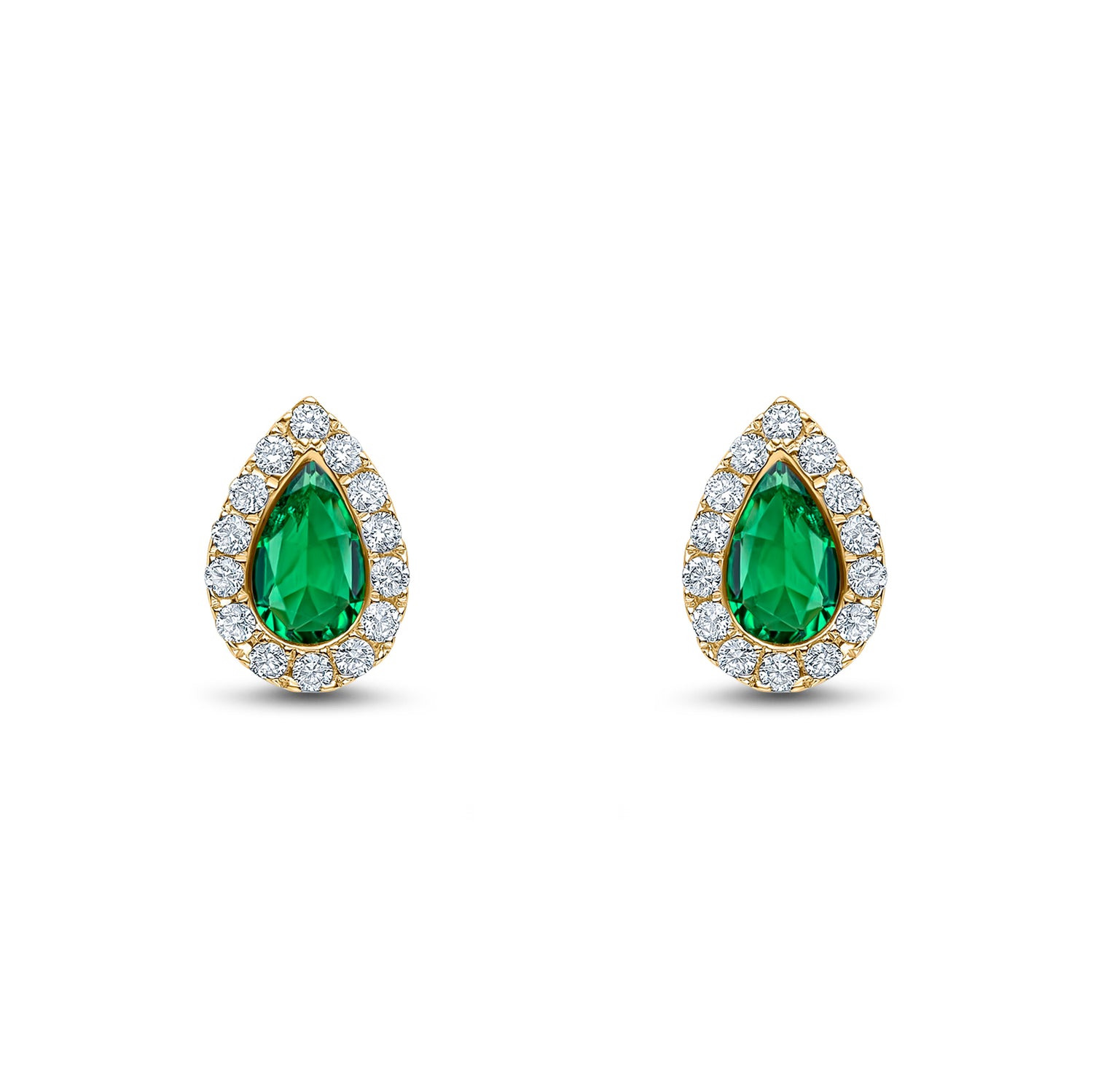 18ct Yellow Gold Pear Shaped Natural Emerald and Diamond Cluster Stud Earrings — 5x3mm