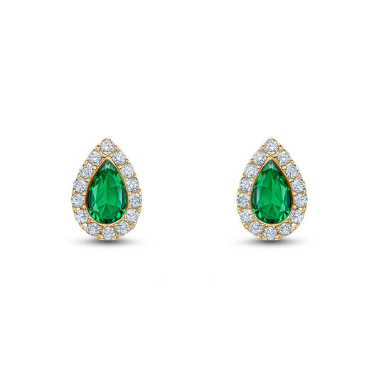 18ct Yellow Gold Pear Shaped Natural Emerald and Diamond Cluster Stud Earrings — 5x3mm