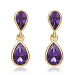 9ct Yellow Gold Pear Shaped Natural Amethyst Two Stone Rubover Drop Earrings