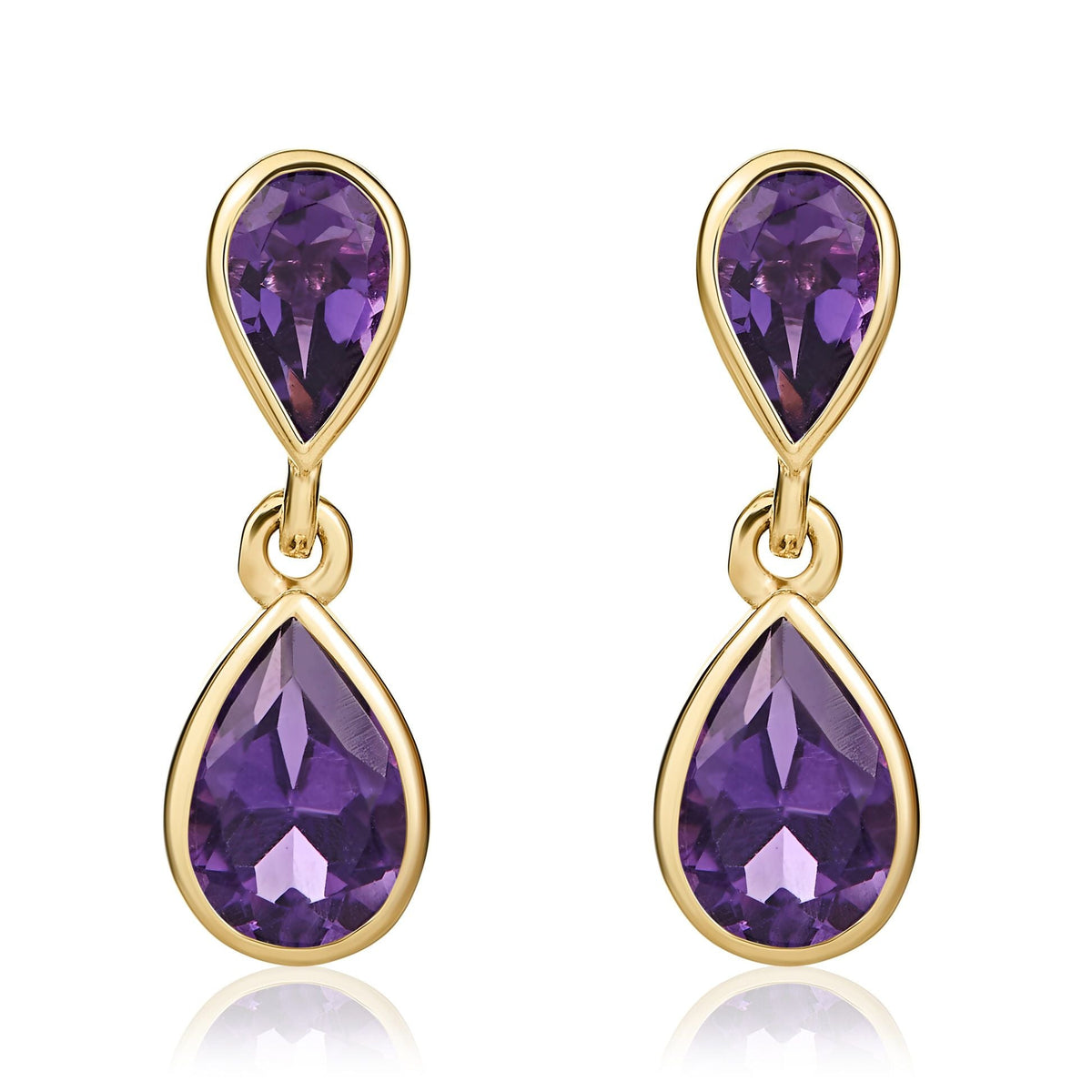 9ct Yellow Gold Pear Shaped Natural Amethyst Two Stone Rubover Drop Earrings