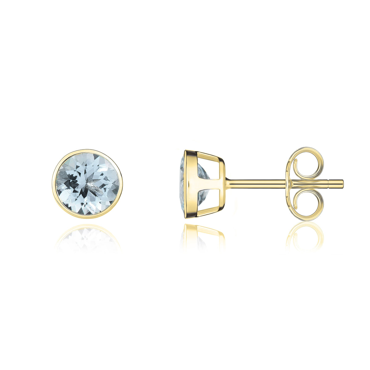 9ct Yellow Gold Round Natural Aquamarine Rubover Stud Earrings — 5mm