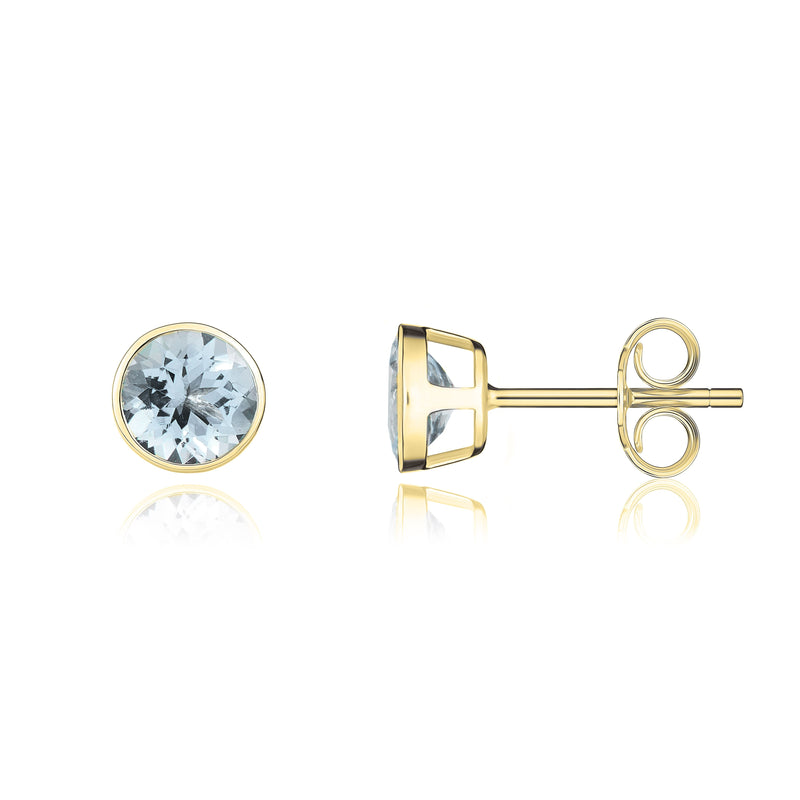 9ct Yellow Gold Round Natural Aquamarine Rubover Stud Earrings — 5mm