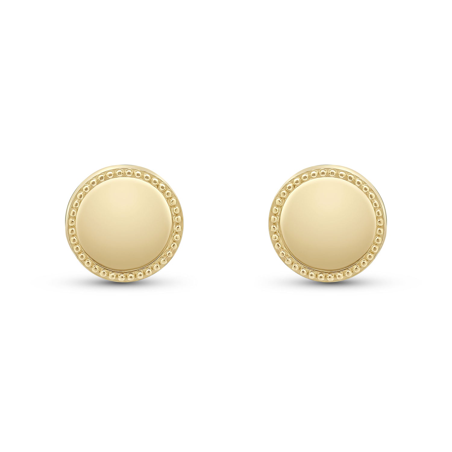 9ct Yellow Gold Beaded Edge Round Circle Stud Earrings -- 9mm
