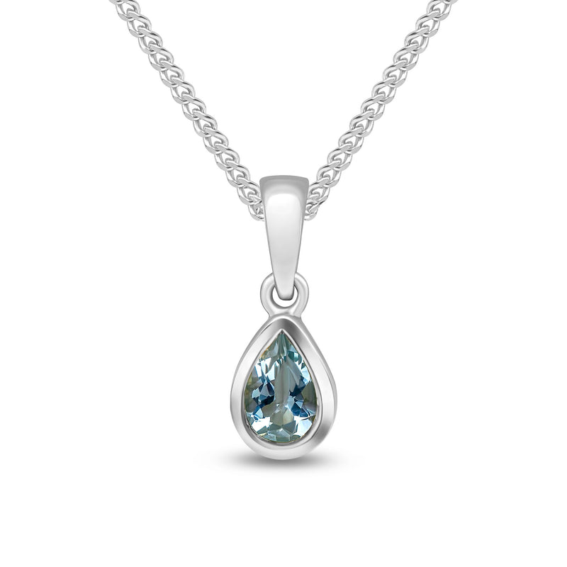 9ct White Gold Pear Shaped Natural Aquamarine Rubover Pendant — 6x4mm