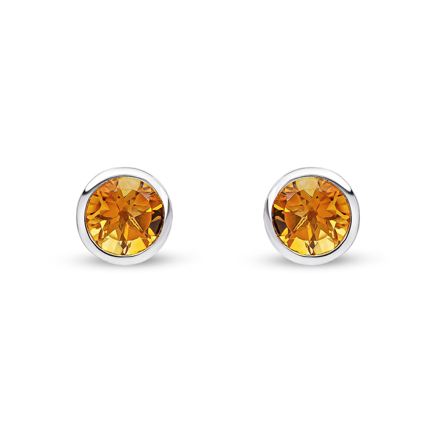 9ct White Gold Round Natural Citrine Rubover Stud Earrings — 6mm