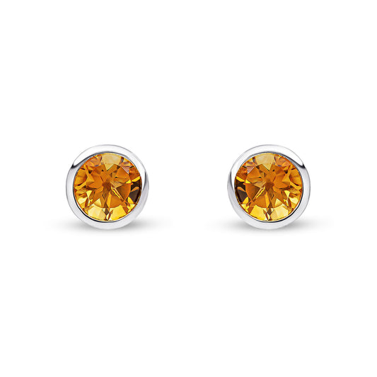 9ct White Gold Round Natural Citrine Rubover Stud Earrings — 6mm
