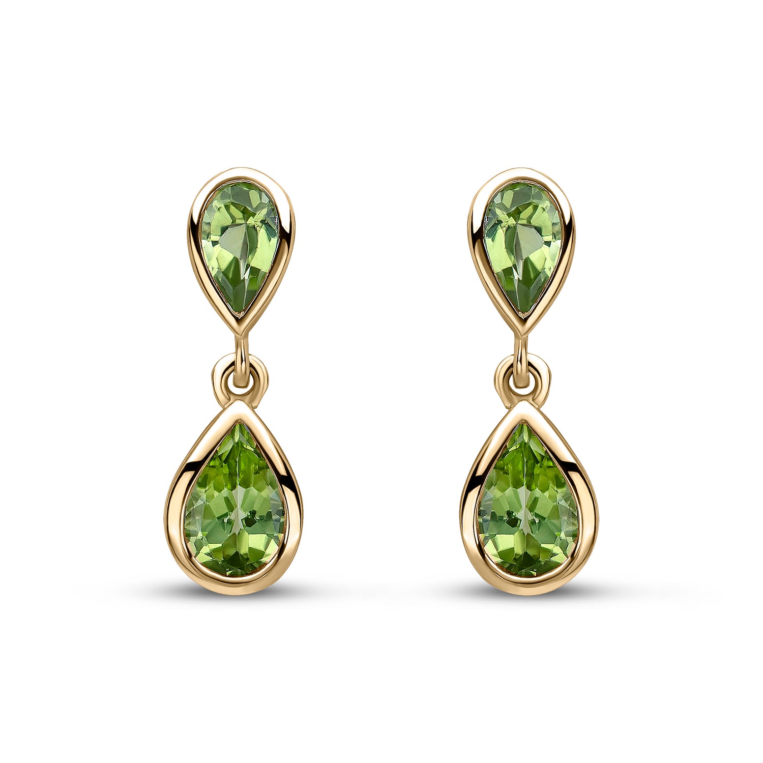 9ct Yellow Gold Pear Shaped Natural Peridot Two Stone Rubover Drop Earrings