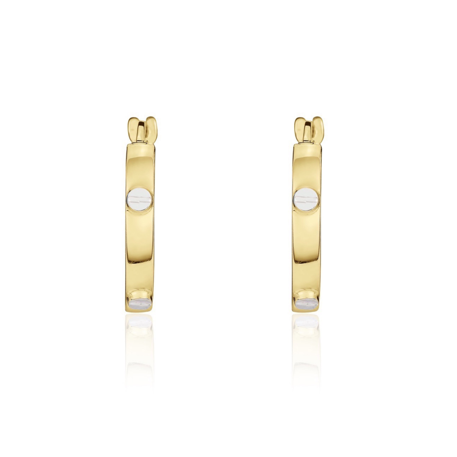9ct Yellow Gold Square Profile Hoop Earrings with White Gold Screw Motifs — 18x3mm