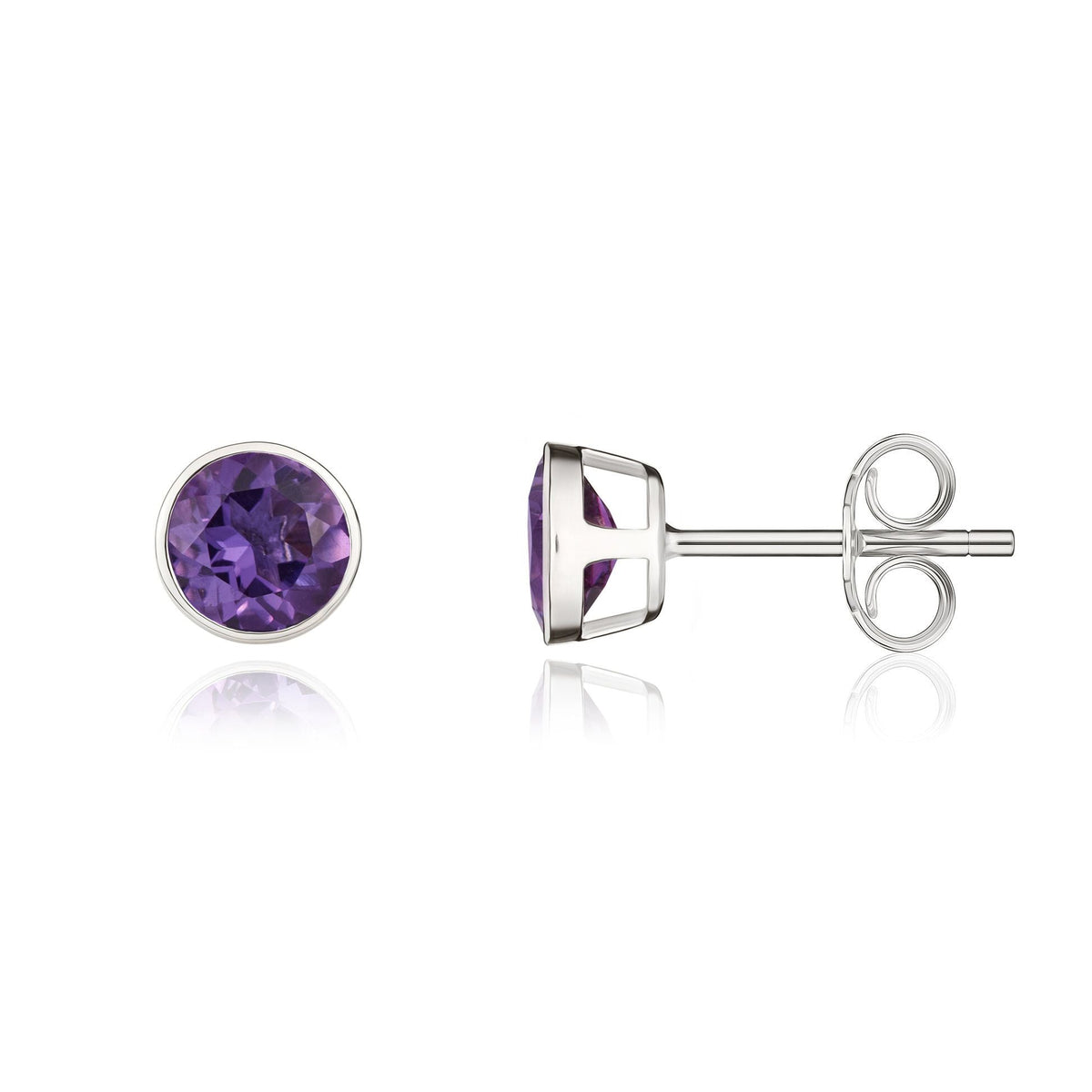 9ct White Gold Round Natural Amethyst Rubover Stud Earrings — 5mm