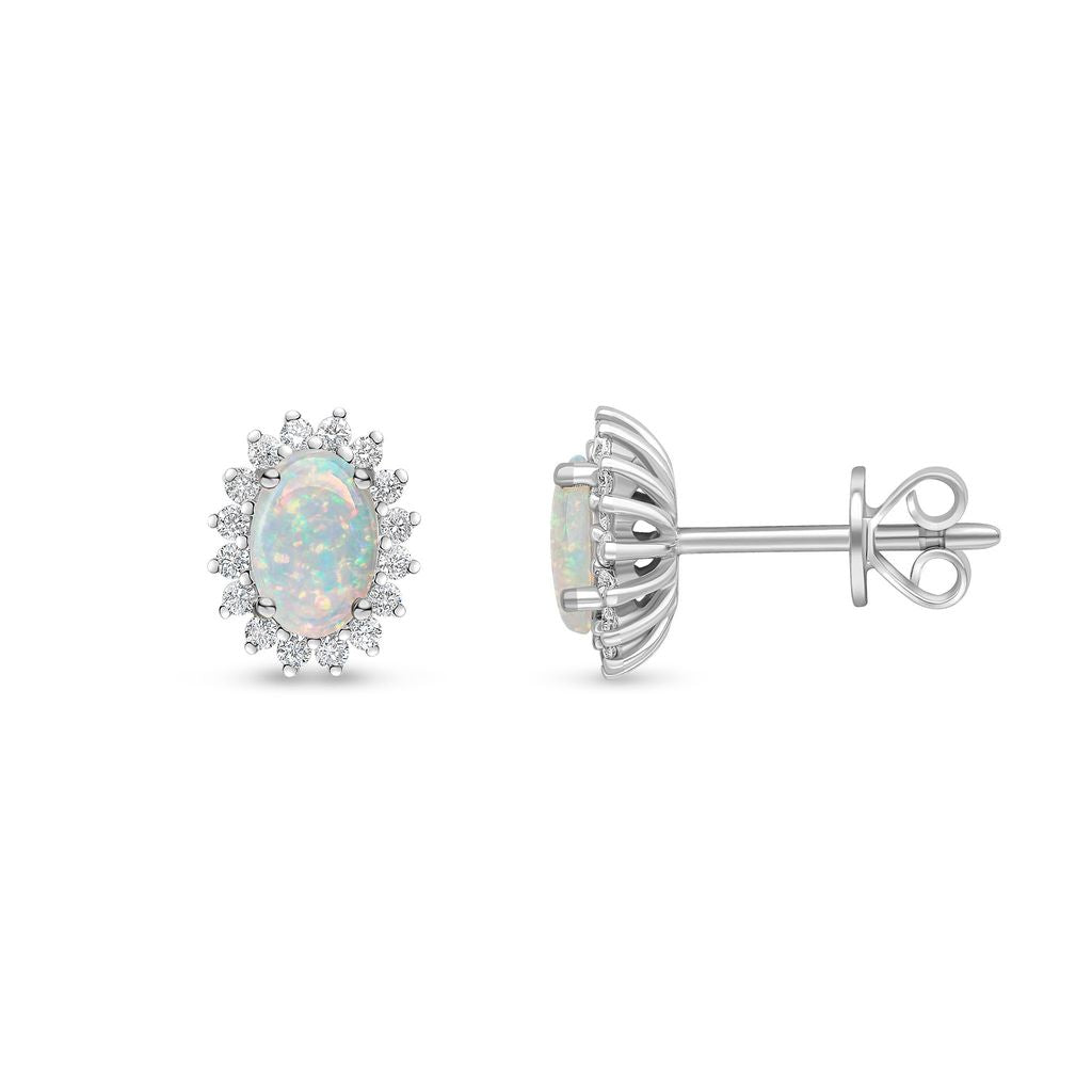 18ct White Gold Oval Natural Opal and Round Diamond Claw Set Cluster Stud Earrings — 6x4mm