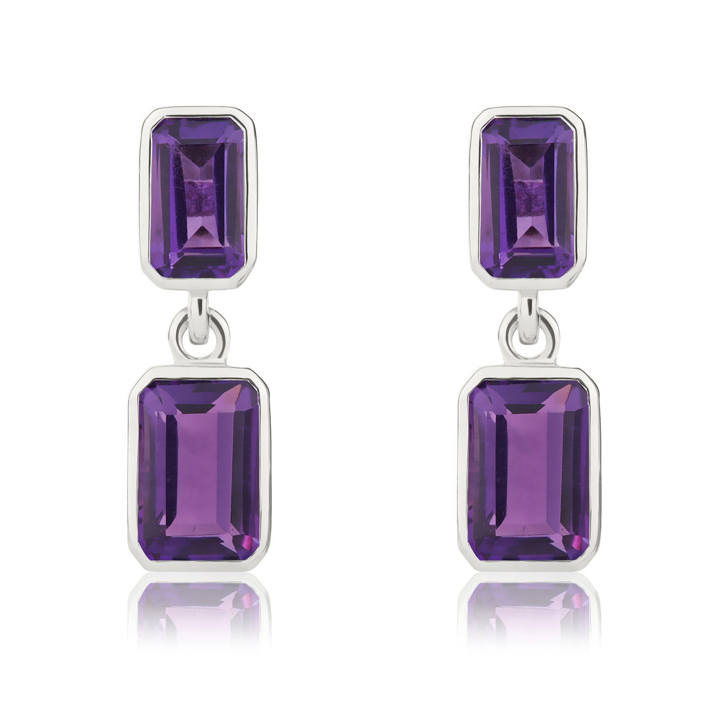 9ct White Gold Octagonal Emerald Cut Natural Amethyst Double Stone Rubover Drop Earrings