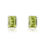 9ct White Gold Octagonal Emerald Cut Natural Peridot Rubover Stud Earrings — 7x5mm