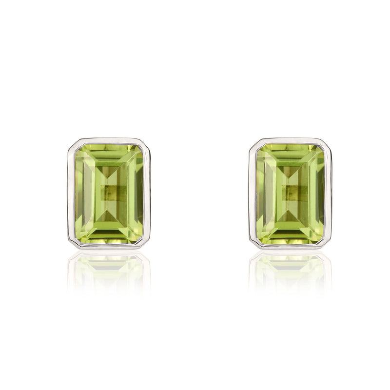 9ct White Gold Octagonal Emerald Cut Natural Peridot Rubover Stud Earrings — 7x5mm