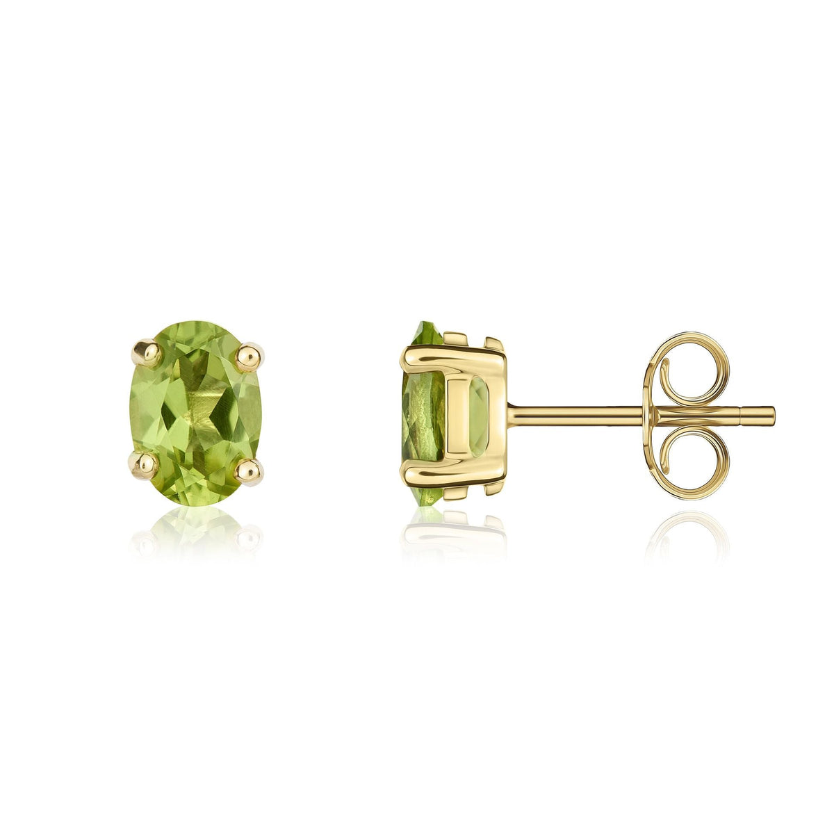 9ct Yellow Gold Oval Natural Peridot Claw Stud Earrings — 7x5mm