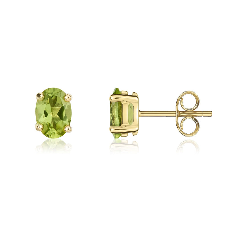 9ct Yellow Gold Oval Natural Peridot Claw Stud Earrings — 7x5mm