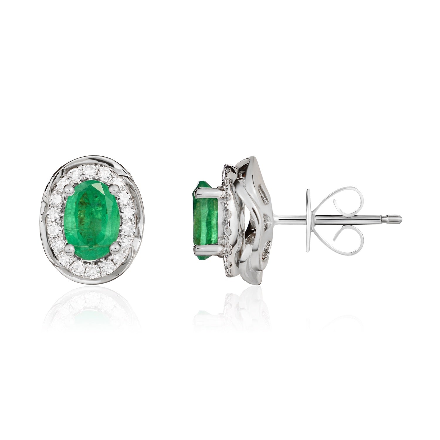 9ct White Gold Oval Natural Emerald and Diamond Cluster Earrings — 7x5mm