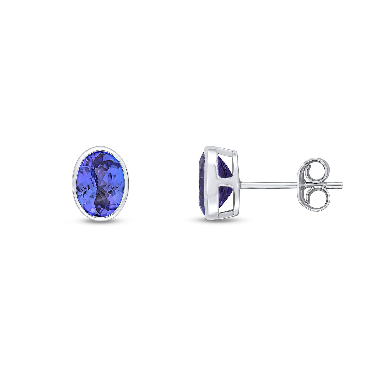 9ct White Gold Oval Natural Tanzanite Rubover Stud Earrings — 7x5mm
