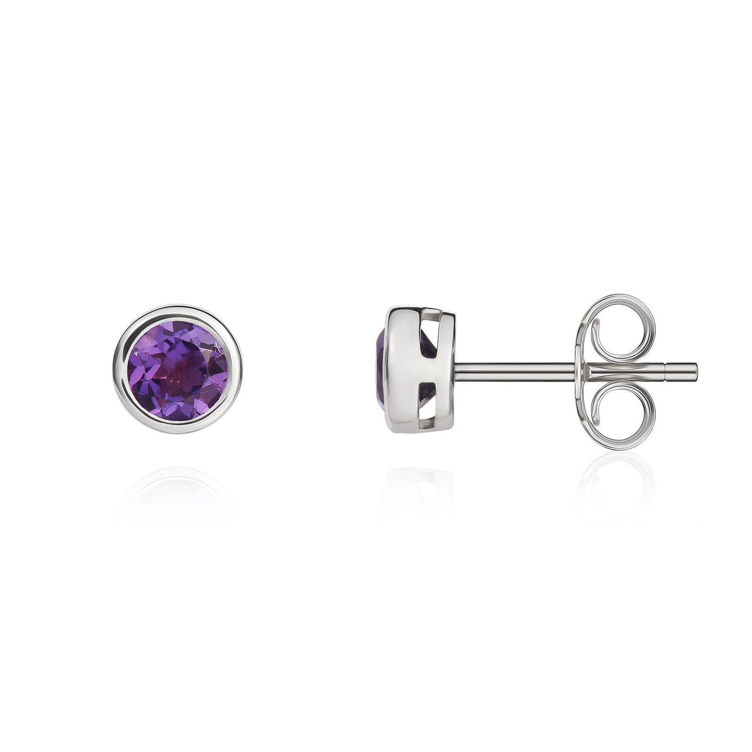 9ct White Gold Round Natural Amethyst Rubover Stud Earrings — 4mm