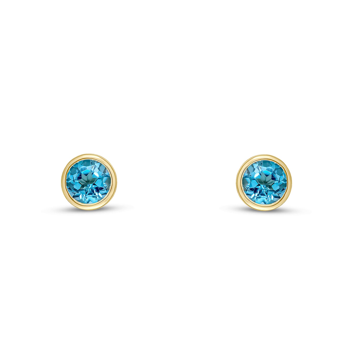 9ct Yellow Gold Round Natural Swiss Blue Topaz Rubover Stud Earrings — 4mm