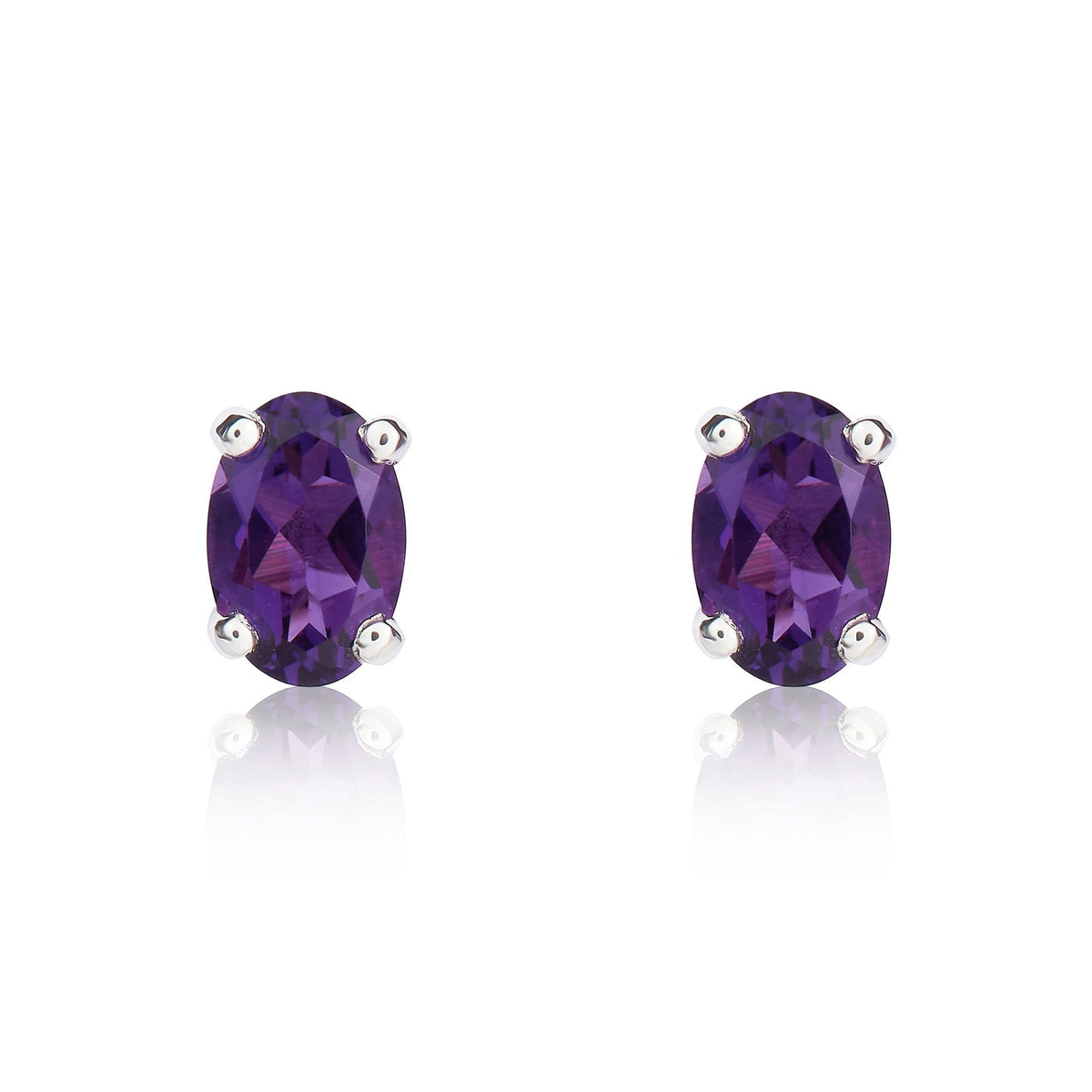 9ct White Gold Oval Natural Amethyst Claw Stud Earrings — 6x4mm