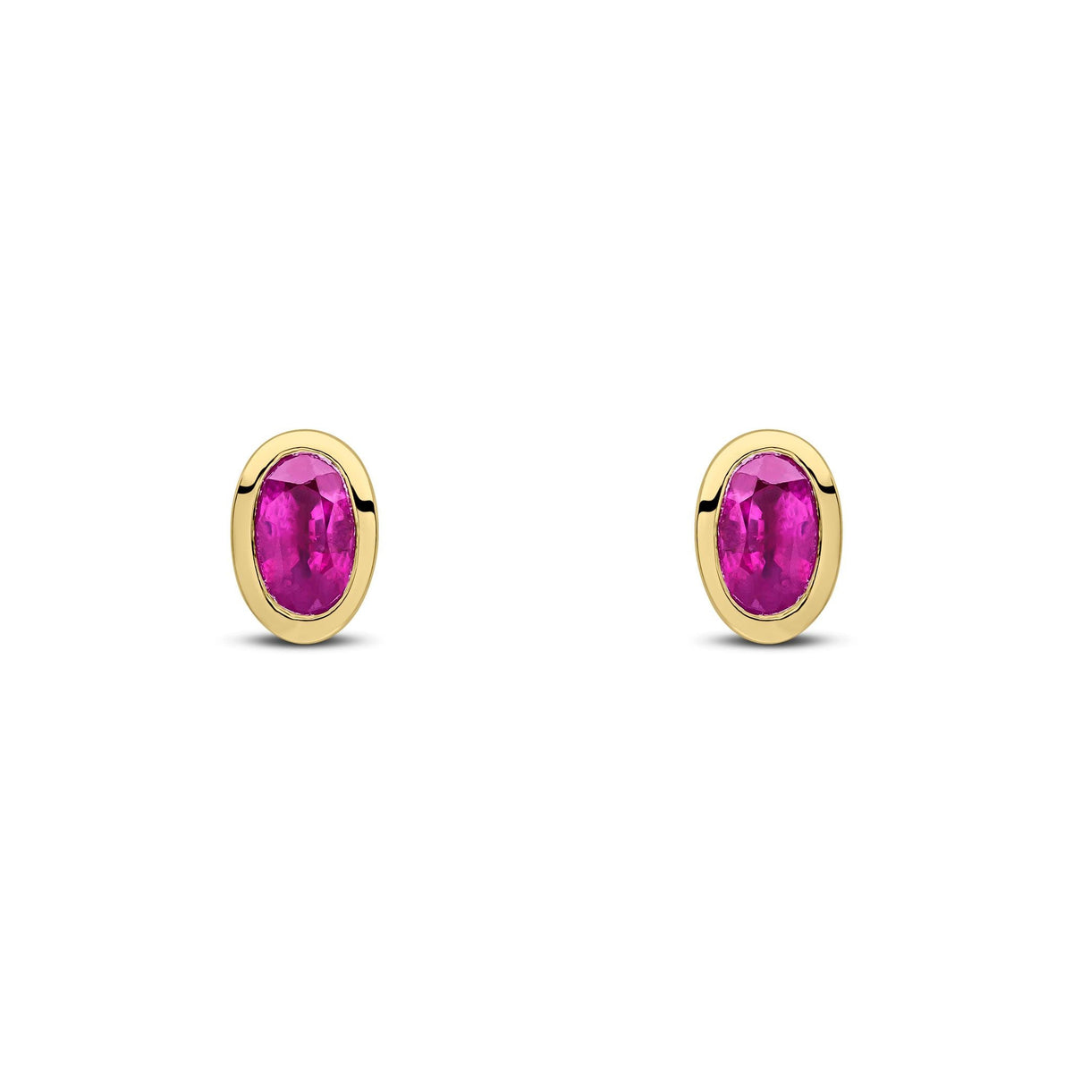 9ct Yellow Gold Oval Natural Ruby Rubover Stud Earrings — 5x3mm