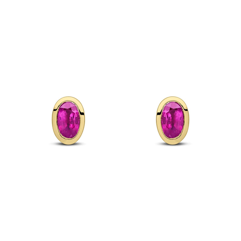 9ct Yellow Gold Oval Natural Ruby Rubover Stud Earrings — 5x3mm