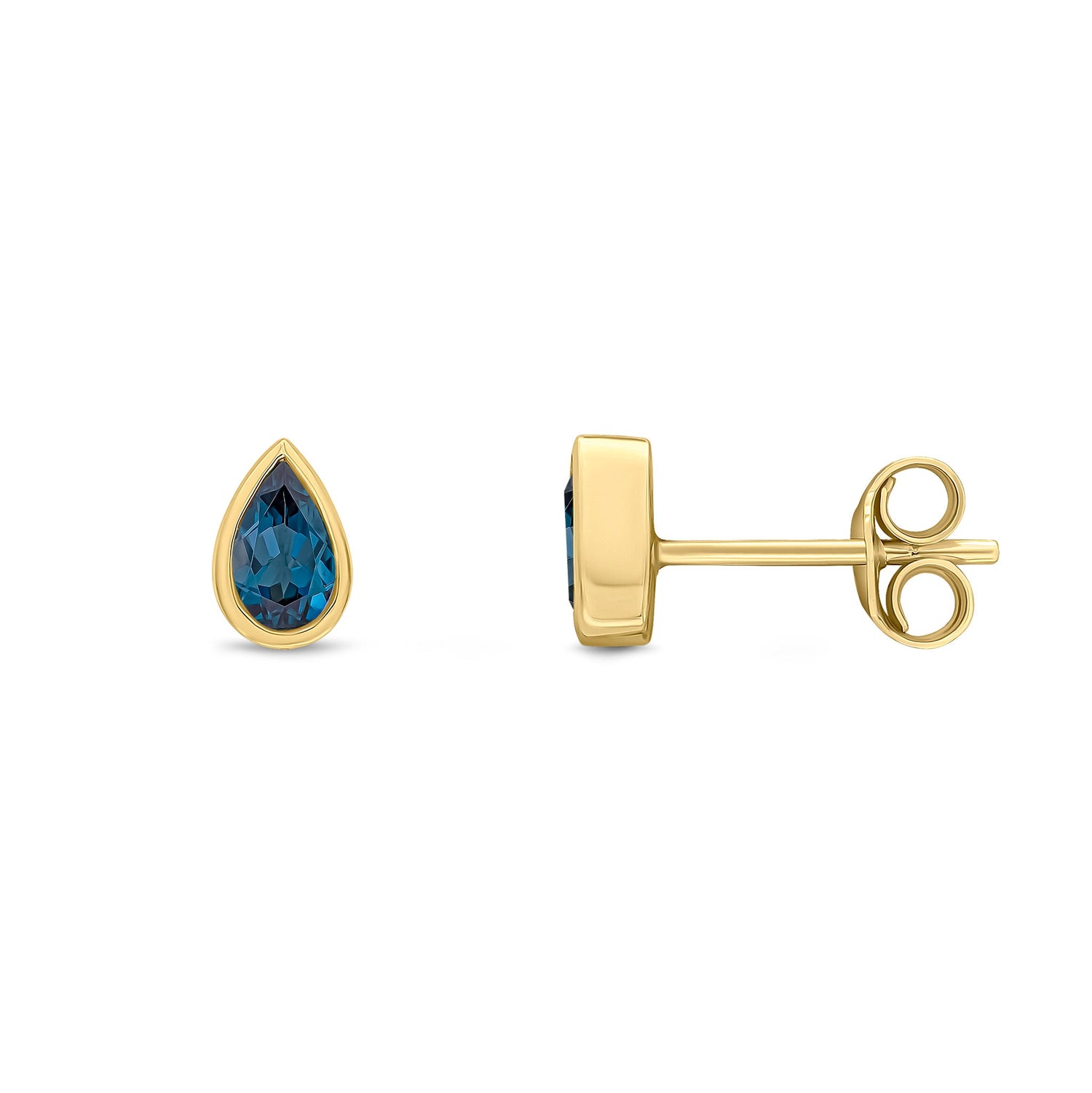 9ct Yellow Gold Pear Shaped Natural London Blue Topaz Rubover Stud Earrings — 5x3mm