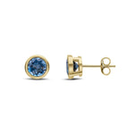 9ct Yellow Gold Round Natural London Blue Topaz Rubover Stud Earrings — 6mm