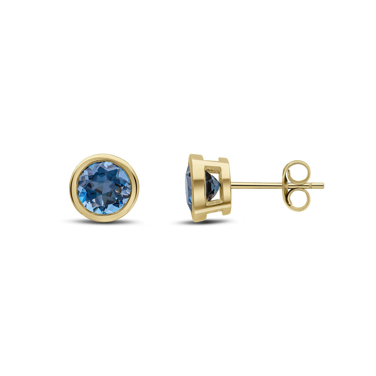 9ct Yellow Gold Round Natural London Blue Topaz Rubover Stud Earrings — 6mm