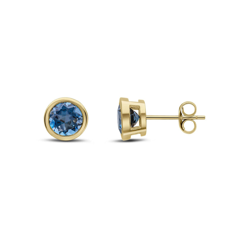 9ct Yellow Gold Round Natural London Blue Topaz Rubover Stud Earrings — 6mm