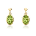 9ct Yellow Gold Oval Natural Peridot Rubover Drop Earrings — 6x4mm