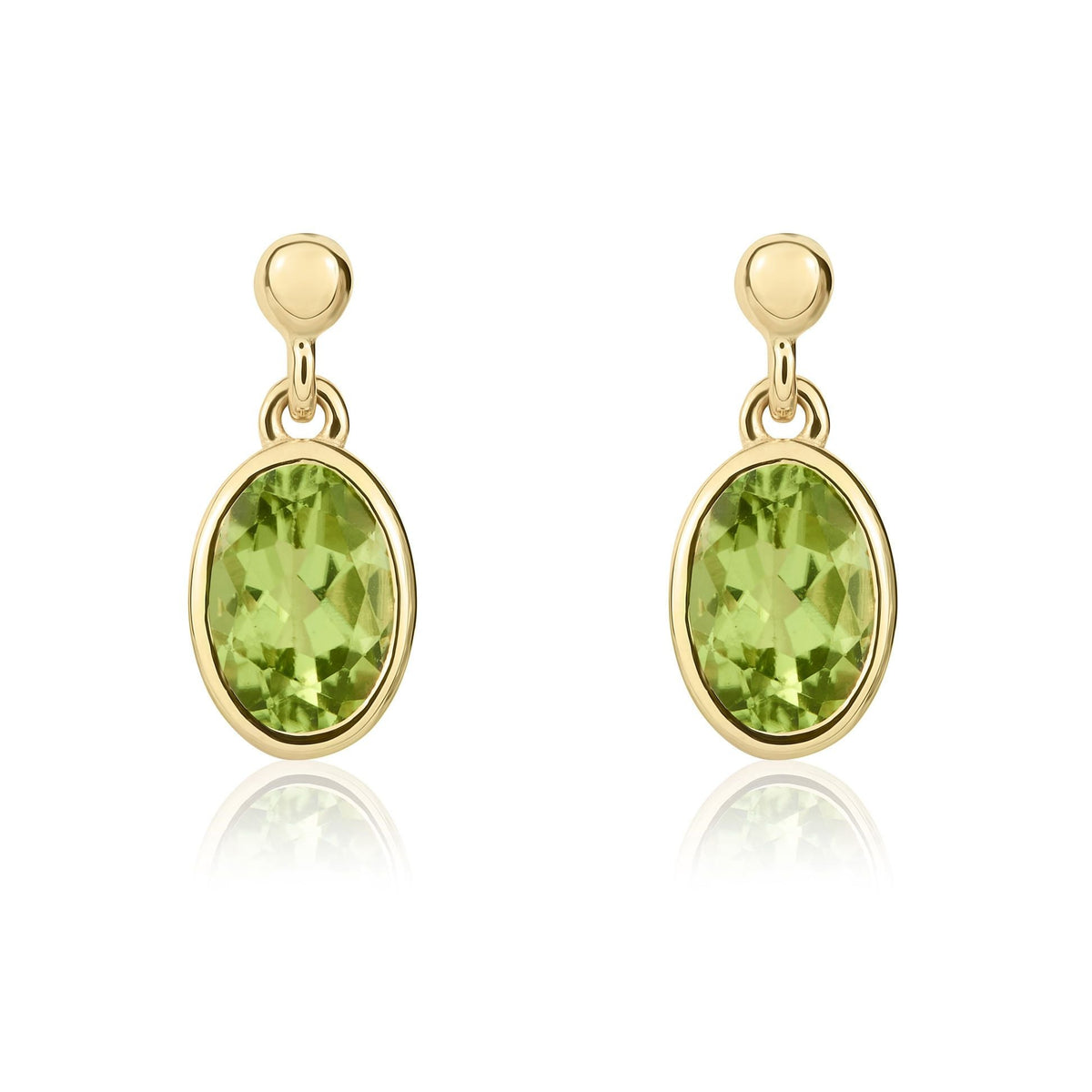 9ct Yellow Gold Oval Natural Peridot Rubover Drop Earrings — 6x4mm