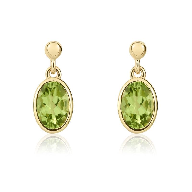 9ct Yellow Gold Oval Natural Peridot Rubover Drop Earrings — 6x4mm