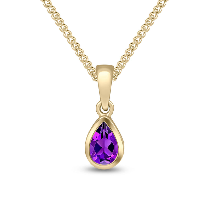 9ct Yellow Gold Pear Shaped Natural Amethyst Rubover Pendant — 6x4mm