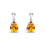 9ct White Gold Pear Shaped Natural Citrine Claw Set Drop Earrings — 7x5mm