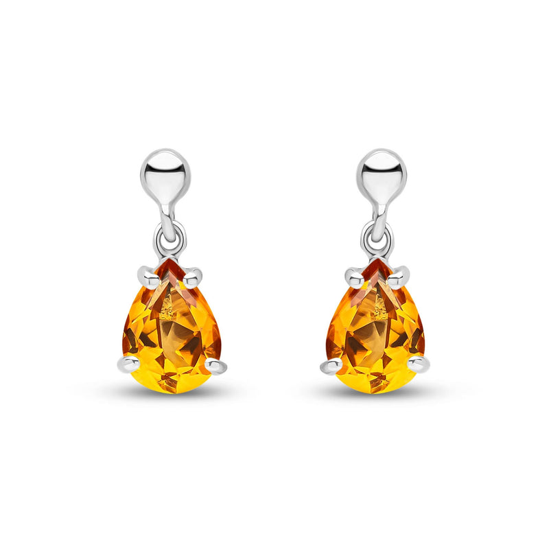 9ct White Gold Pear Shaped Natural Citrine Claw Set Drop Earrings — 7x5mm