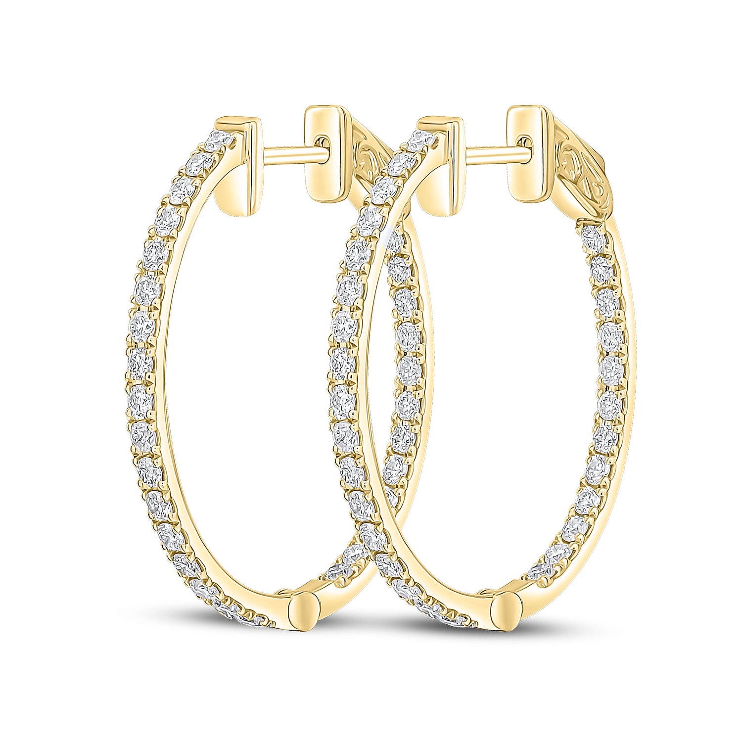 18ct Yellow Gold Oval Full Natural Claw Set Diamond Hoop Earrings —27x23mm