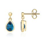 9ct Yellow Gold Pear Shaped Natural London Blue Topaz Rubover Drop Earrings — 7x5mm