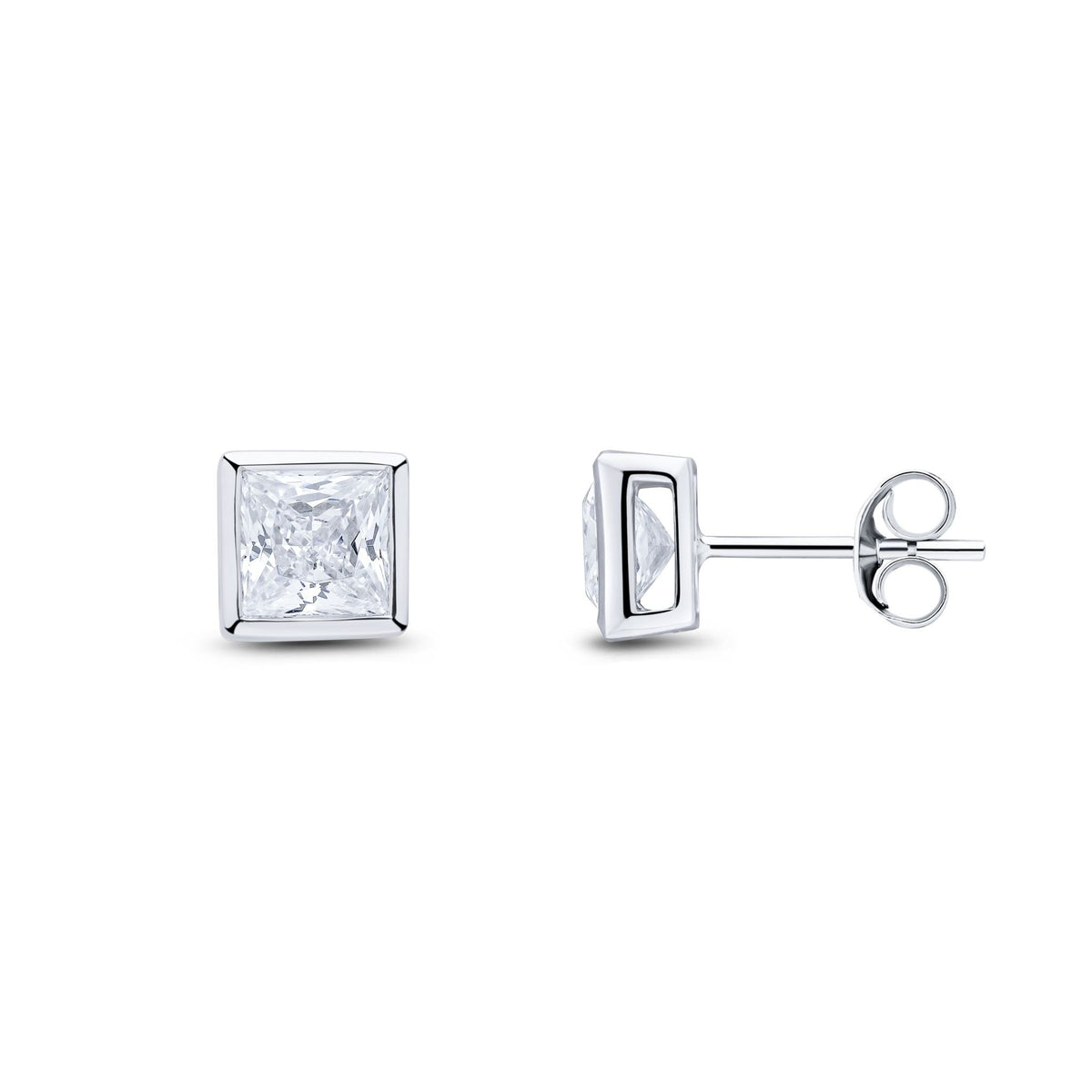 9ct White Gold Square Cubic Zirconia CZ Rubover Stud Earrings — 5mm