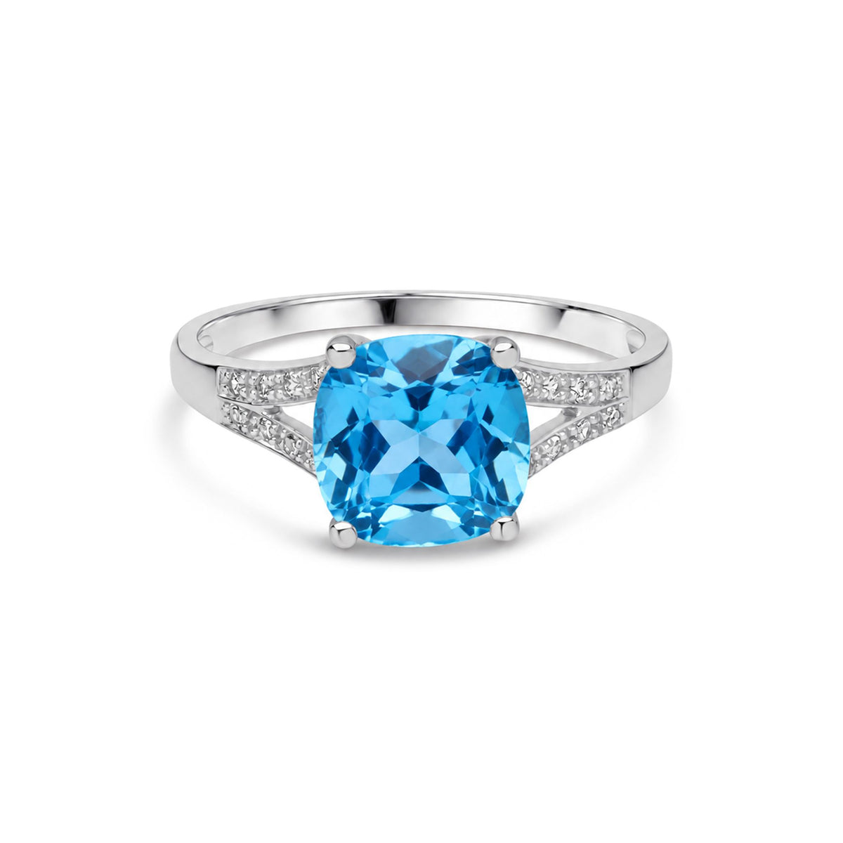 9ct White Gold Natural Cushion Cut Swiss Blue Topaz and Round Diamond Split Shoulder Ring