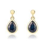 9ct Yellow Gold Pear Shaped Natural Blue Sapphire Rubover Drop Earrings — 7x5mm