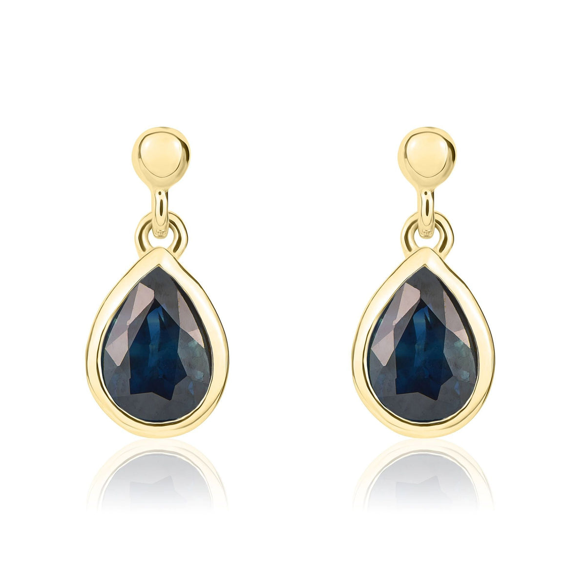 9ct Yellow Gold Pear Shaped Natural Blue Sapphire Rubover Drop Earrings — 7x5mm
