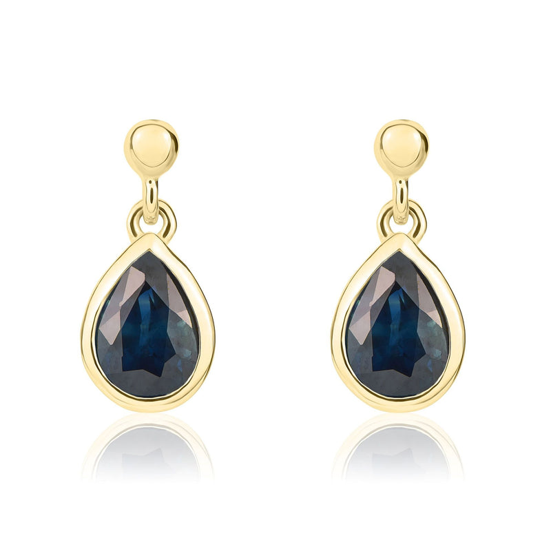 9ct Yellow Gold Pear Shaped Natural Blue Sapphire Rubover Drop Earrings — 7x5mm