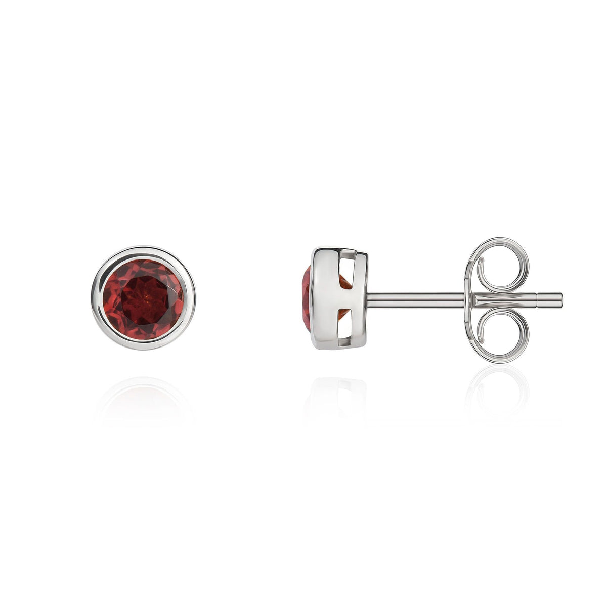 9ct White Gold Round Natural Garnet Rubover Stud Earrings — 4mm