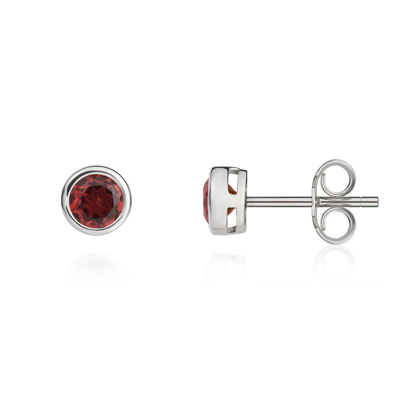 9ct White Gold Round Natural Garnet Rubover Stud Earrings — 4mm