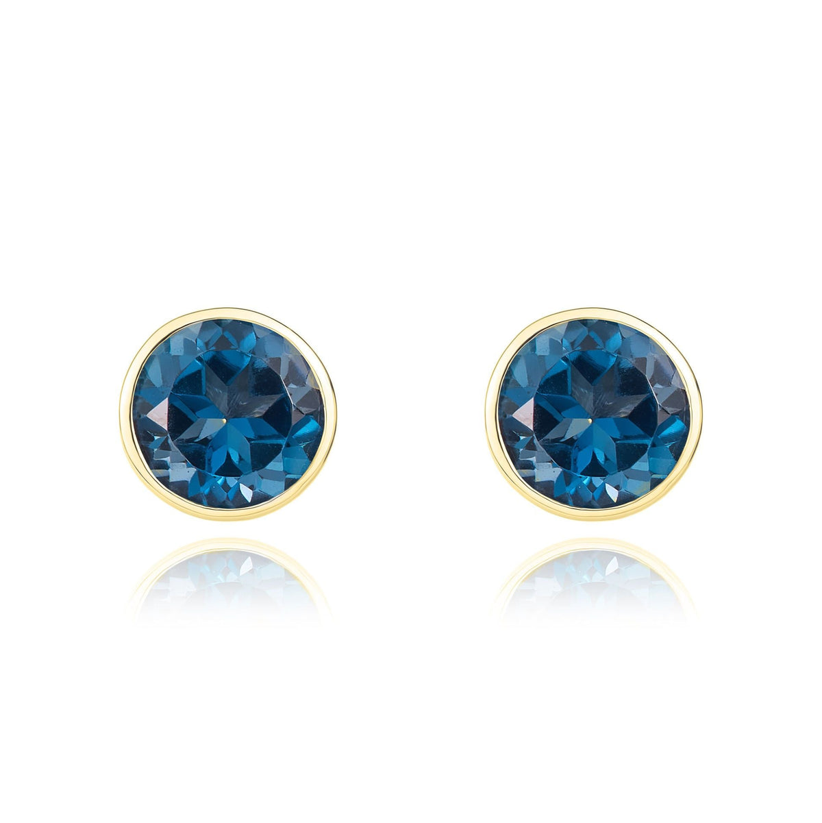 9ct Yellow Gold Round Natural London Blue Topaz Rubover Stud Earrings — 5mm