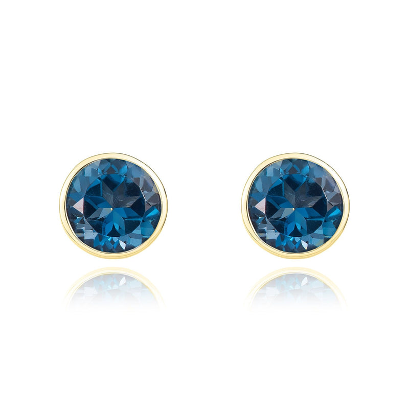 9ct Yellow Gold Round Natural London Blue Topaz Rubover Stud Earrings — 5mm