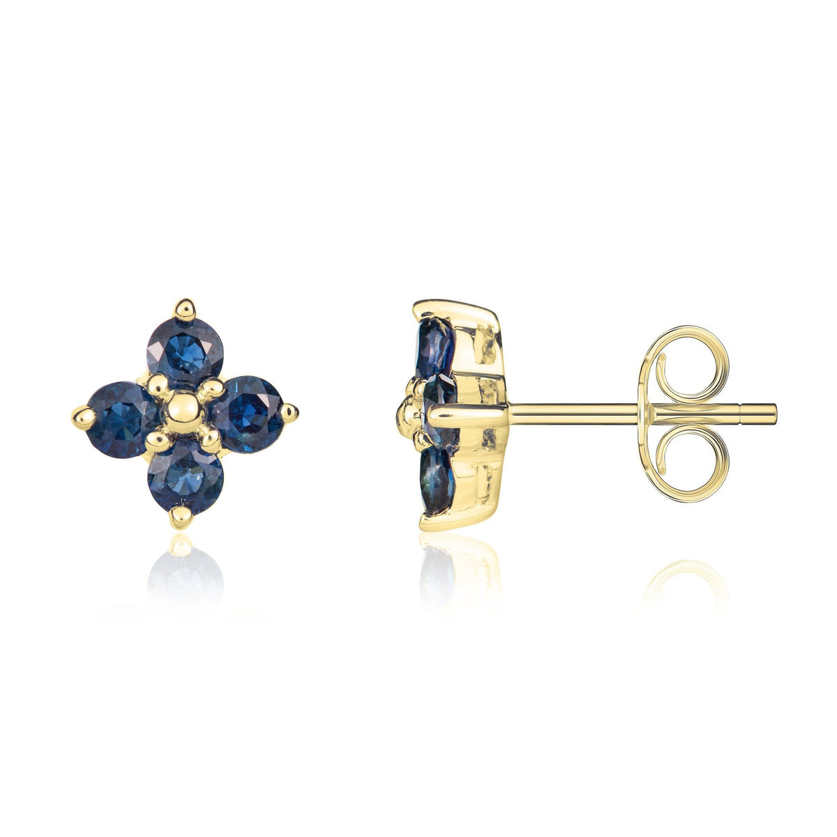 9ct Yellow Gold Round Natural Sapphire Four Stone Cluster Stud Earrings